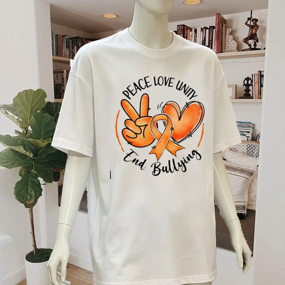 T-shirt anti-pression et anti-bullying pour hommes, avec le slogan 'We Wear Orange for Unity Day', 'Peach Love Unity', 'End Bullying' et 'Unity Day No Bullying'.