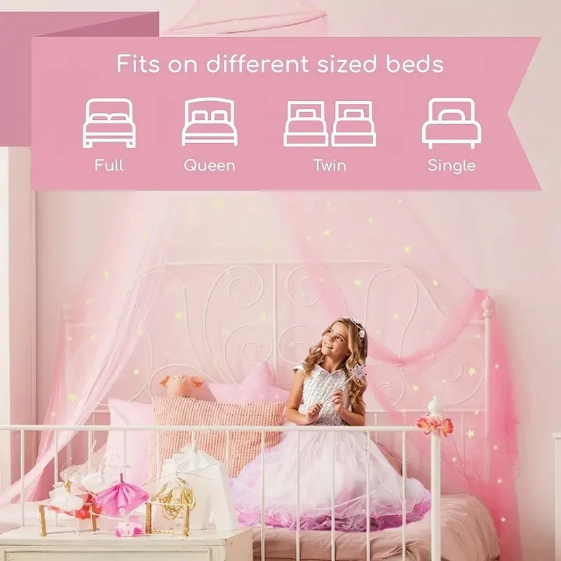 Bed Luifel Voor Meisjes Met Gloeiende Sterren-Prinses Roze Baby Luifel Voor Bedrading Kamer Decor Plafond Tent Kids Bed Gordijnen