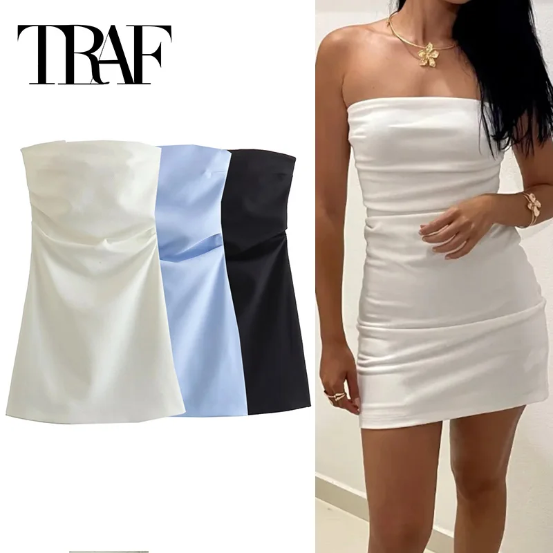 TRAF 2024 Off Shoulder Mini Dress Woman Blue Black White Bodycon Dress Women Backless Sleeveless Summer Sexy Party Short Dresses