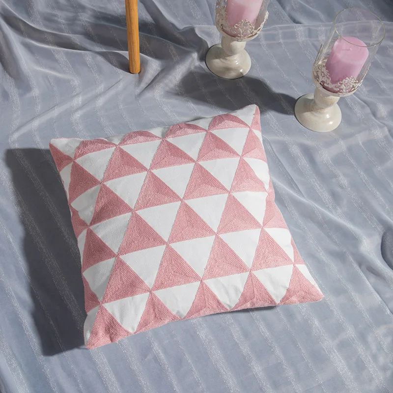 2-Piece Pink Cotton Canvas Pillowcase 45*45cm Embroidered Modern Geometric Embroidery Pillow Cover Living Room Cushion Case