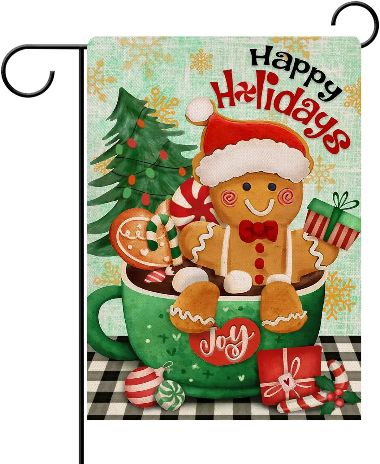 Dyreson Merry Christmas Joy Coffee Gingerbread Man Decorative Garden Flag, Xmas Happy Holiday Buffalo Plaid Check Yard Outside D