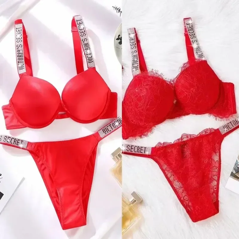 Conjunto de lencería clásica para mujer, conjunto de sujetador y bragas Sexy con adorno de encaje, transpirable, acolchado, suave, Victoria's Secret, novedad de 2024