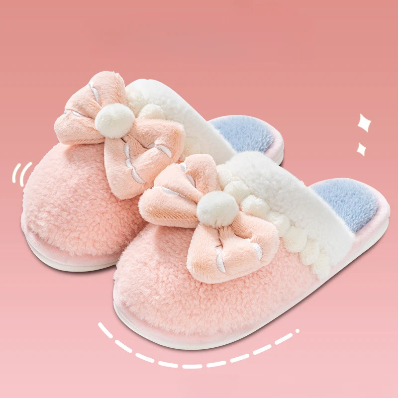 Casual Fluffy Slippers Women House Flats Fashion Winter Bowknot Designer Shoes Girls Home Plush Platform Elegant Footwear Warm