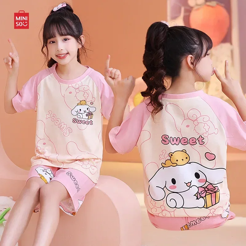 

Miniso Children Pajama Child Sets Boy Girl Outfits Two Piece Set Nightgown Anime Cartoon Short Sleeve Children's Clothing Cotton