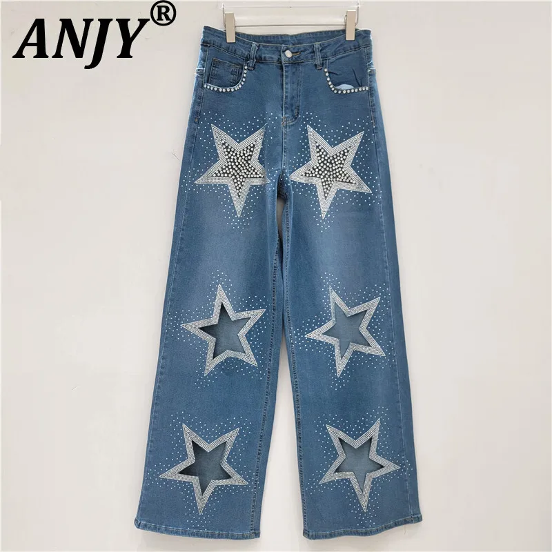 

ANJY Autumn New Women Jeans Heavy Craft Studded Diamonds Hollow Out Star Straight High Street Trendy Denim Wide Leg Pants A10277
