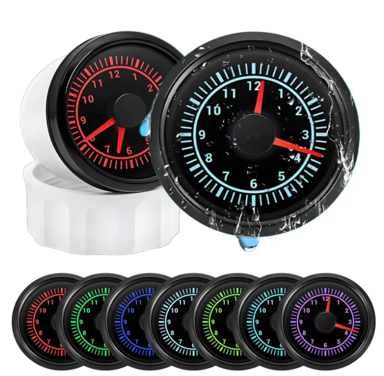 12 Hour Analog Clock Gauge 52mm for Marine Vehicles IP67 Waterproof 7 Color LED Backlight 9-32V DC Stainless Steel Bezel