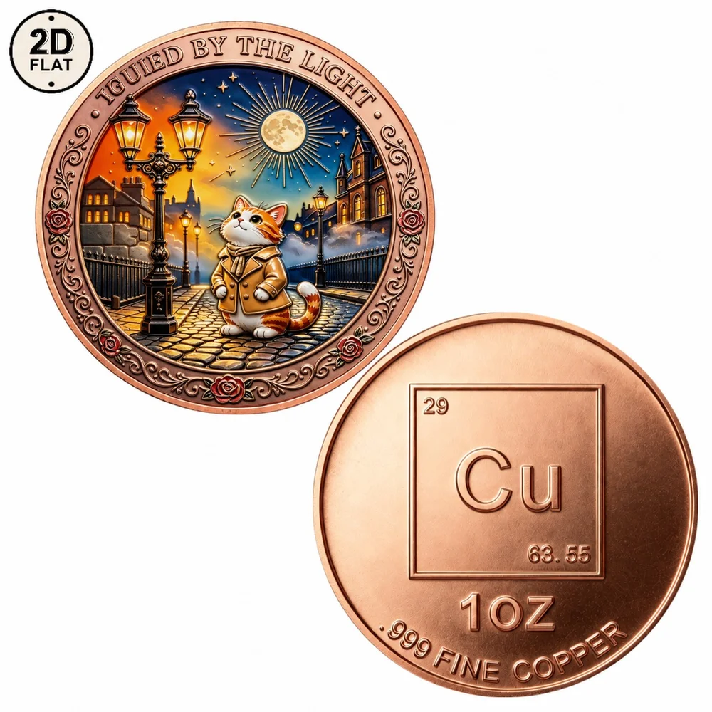 1pc 1OZ .999 Pure Copper Night Wanderer Cat Commemorative Coin Guided By The Light Explorer Cat Challenge Medal Collectible Gift