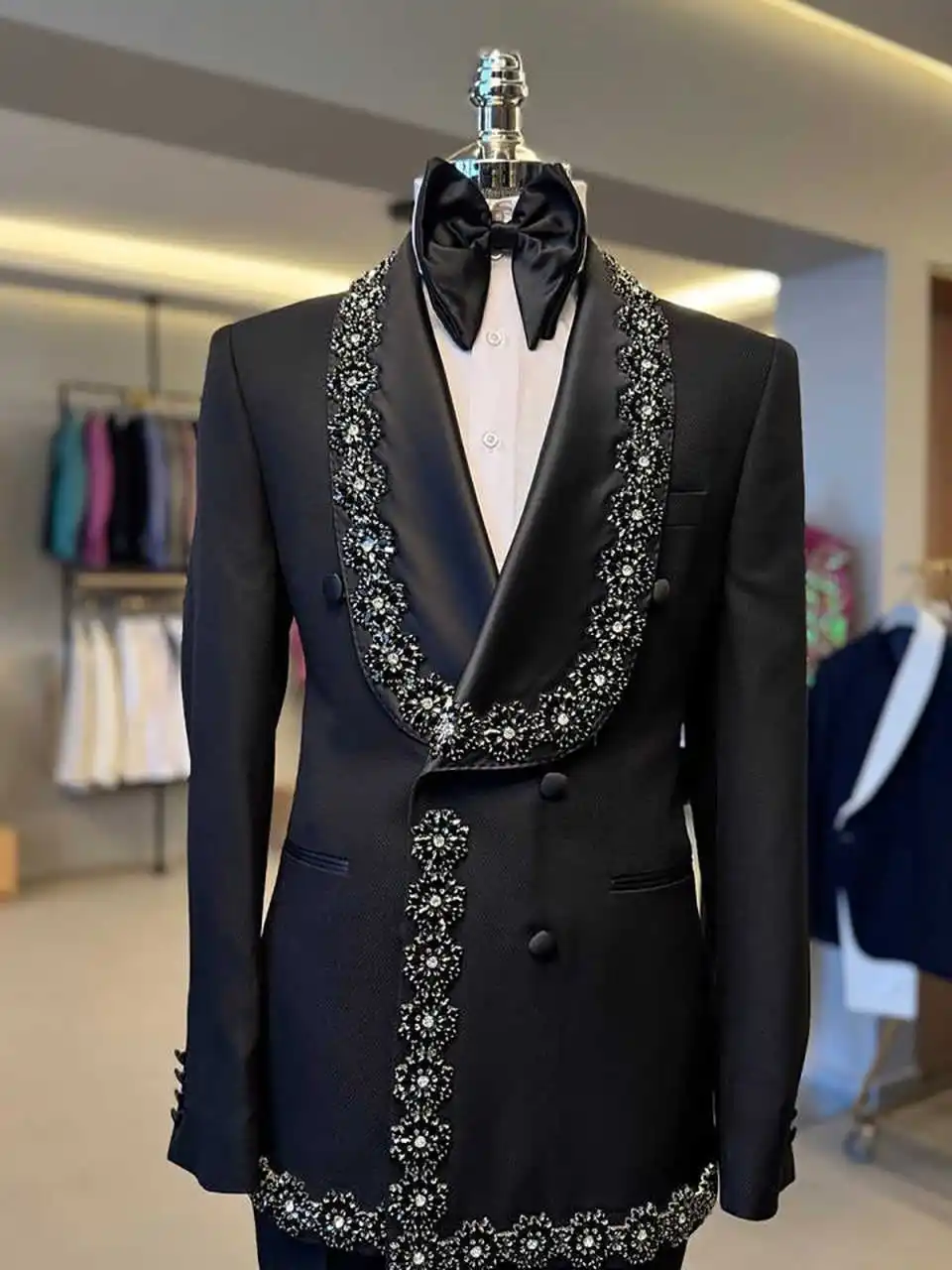 Klassische Applikationen, Hochzeitsanzüge für den Bräutigam, Schalkragen, zweireihiger Smoking, 2-teilig, Jacke, Hose, Abendparty, Abschlussball, individuell