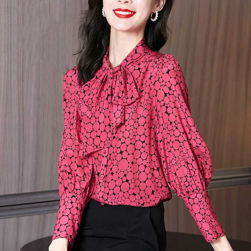 Vintage elegante arco polka dot impresso camisa roupas femininas 2022 primavera nova lanterna manga longa solto pullovers blusa feminina