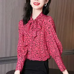 Vintage Elegant Bow Polka Dot Printed Shirt Women's Clothing 2022 Spring New Lantern Long Sleeve Loose Pullovers Blouse Female