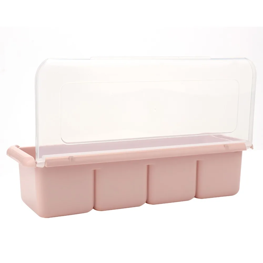 Pink Color Seasoning Box Adjustable 4 Compartments Condiment Holder Container Stackable Clear Lid Condiment Dispenser