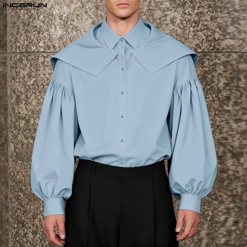 INCERUN 남성 셔츠 솔리드 컬러 라펠 긴 소매 버튼 캐주얼 남성 의류 루즈 스트리트웨어 패션 불규칙 셔츠 남성 상의