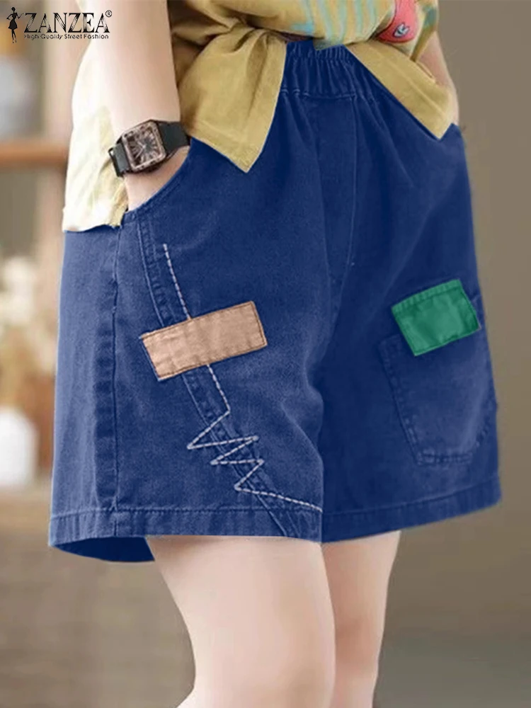

ZANZEA 2021, модные женские шорты, летние повседневные мешковатые брюки с эластичной резинкой на талии, свободные рабочие брюки, винтажные лоскутные праздничные брюки
