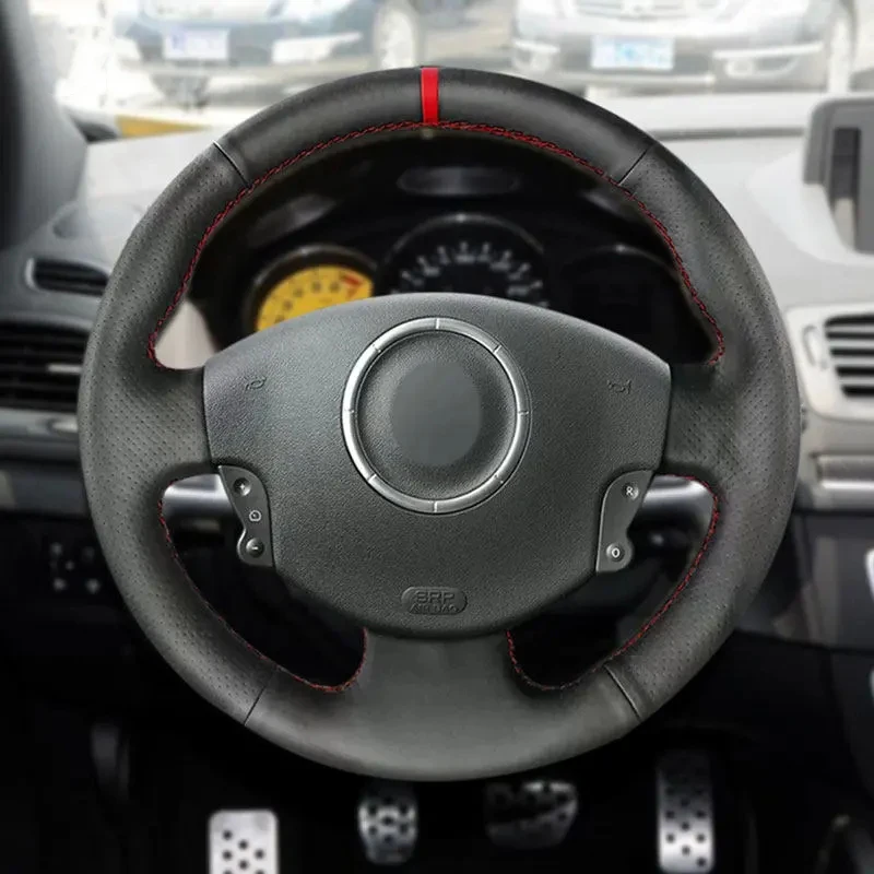 

For Renault Megane 2 2003 2004 - 2008 Kangoo 2008 Scenic 2 2003 - 2009 Car Steering Wheel Cover Trim Black Leather with red trip