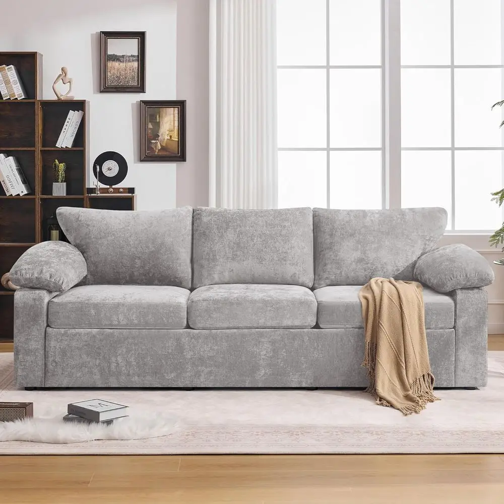 

Luxurious Oversized 3-Seater Chenille Sofa with Deep Seat, Armrests, and Hidden Legs in Light Gray