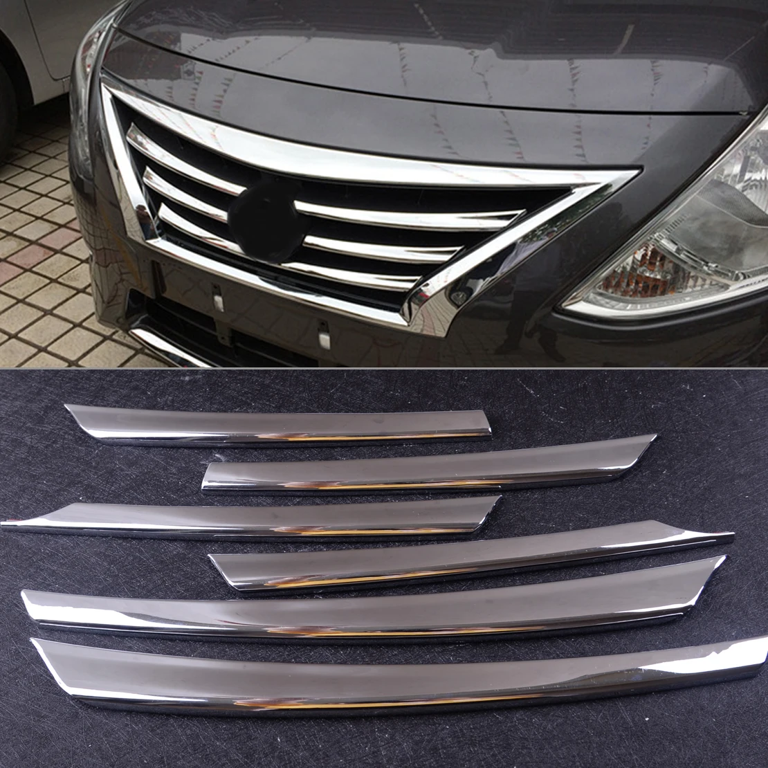 Chromowana kratka przednia środkowa maski, osłona zderzaka, nakładka dekoracyjna pasująca do Nissan Versa Latio Almera 2015 2016 2017