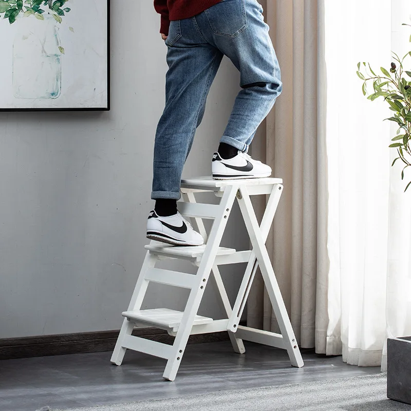 Shipping Solid Wood Household Multifunctional Two-step Folding Ladder Step Stool Indoor Climbing Ladder Dual-use Small