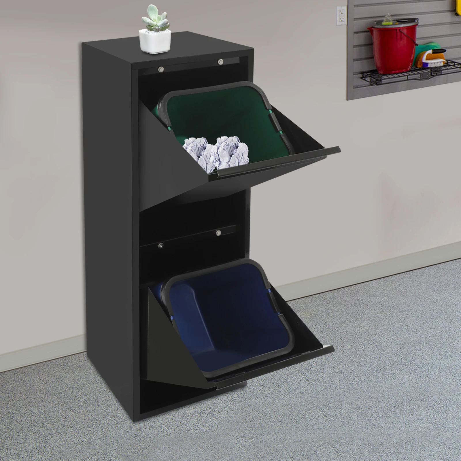 

15 галлонов наклонного мусорного бака для мусора и переработки с 2 ведрами, органайзер для мусора и переработки для прачечной, кухни