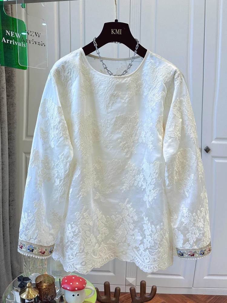 Extra Large Size 300 Pou New Chinese Sle Heavy Embroidery Sequin Patchwork Long Sve Lace irt Women's Top Spring