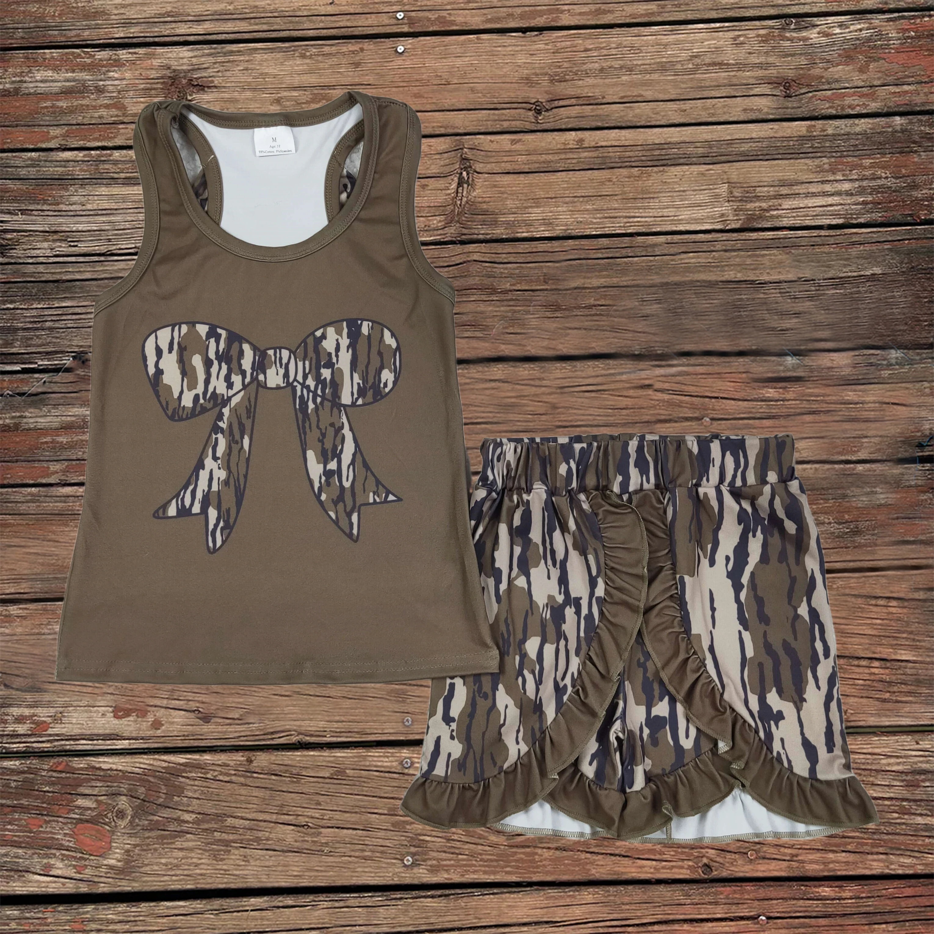 

Wholesale Children Infant Vest Outfit Baby Girl Sets Toddler Sleeveless Bow Shirt Kids Ruffle Green Camo Shorts Bottoms Clothes