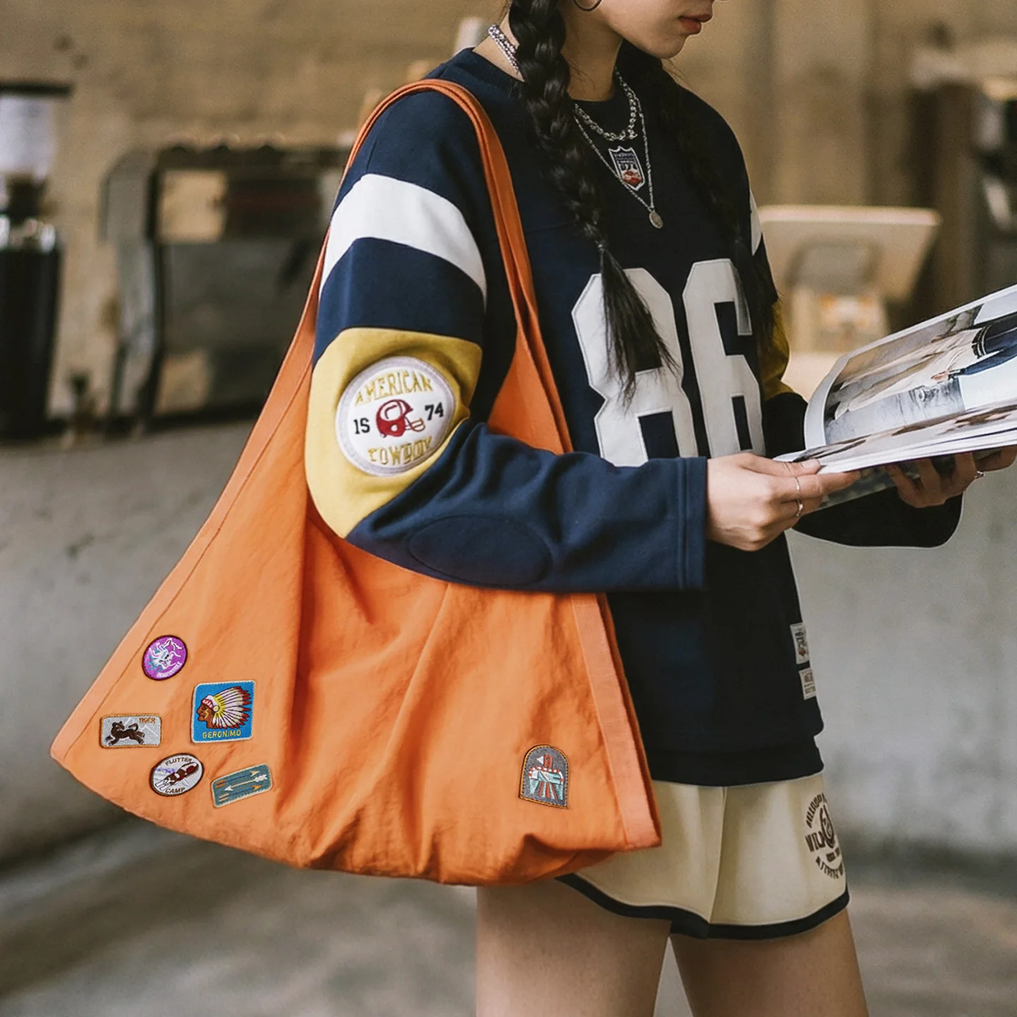 

Maden Women's Triangle Tote Bag Large Capacity Casual Commuter Orange Handbag Badge Everyday Lightweight Shoulder Bag