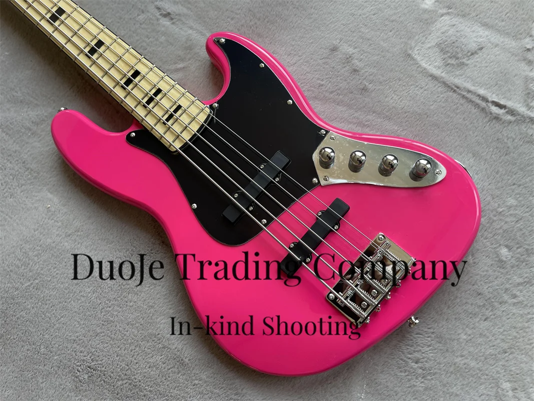 Pink Electric bass 5-string bass Maple neck Basswood body Black guard chrome-plated hardware active battery custom color