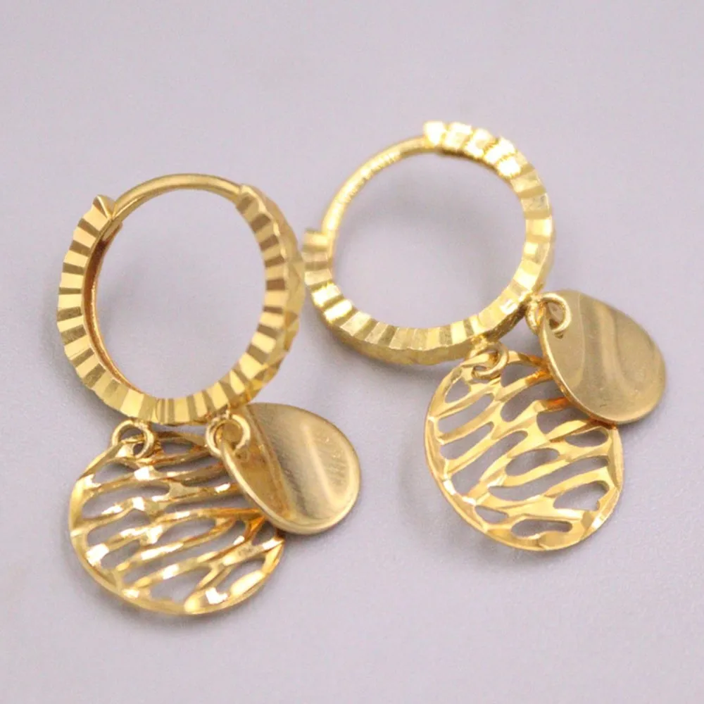 

Real Pure 18K Yellow Gold Hoop Women Lucky Hollow Round Circle Dangle Earrings 1.99g