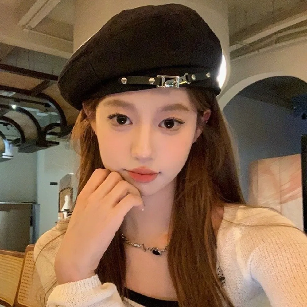 Fashion Korean Style Vintage Beret Hat Solid Color Big Head Circumference Metal Buckle Octagonal Hat JK Y2k Painter Cap Women
