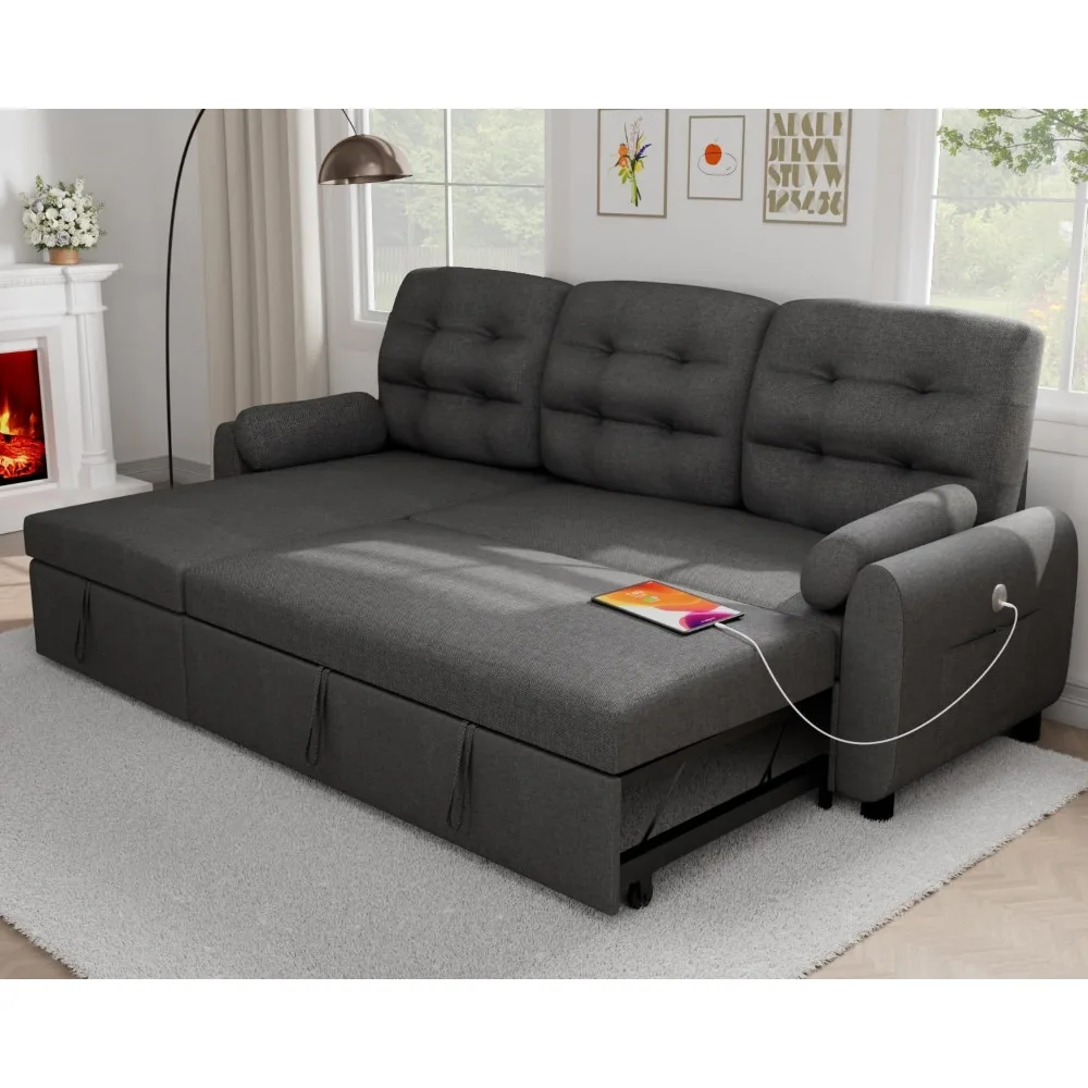 

Segmented sofa with reversible storage recliner, pull-out sofa, side pockets, charging station, detachable backrest