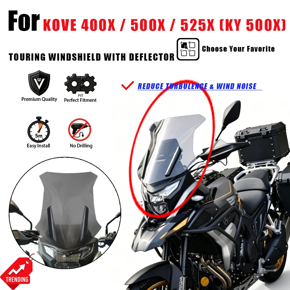 Para KOVE 400X 500X 525X Para-brisa Dianteiro Modificado com Faixa Defletora Parabrisas Parabrezza Acessórios Moto KY 500X 525X Peças
