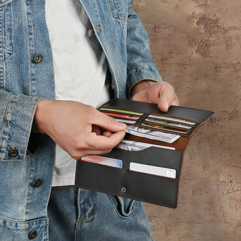 LD-Men's Retro Crazy Horse Leather Leather Long Wallet, Casual and Portable Multi Card Position Bull Pickup Bag