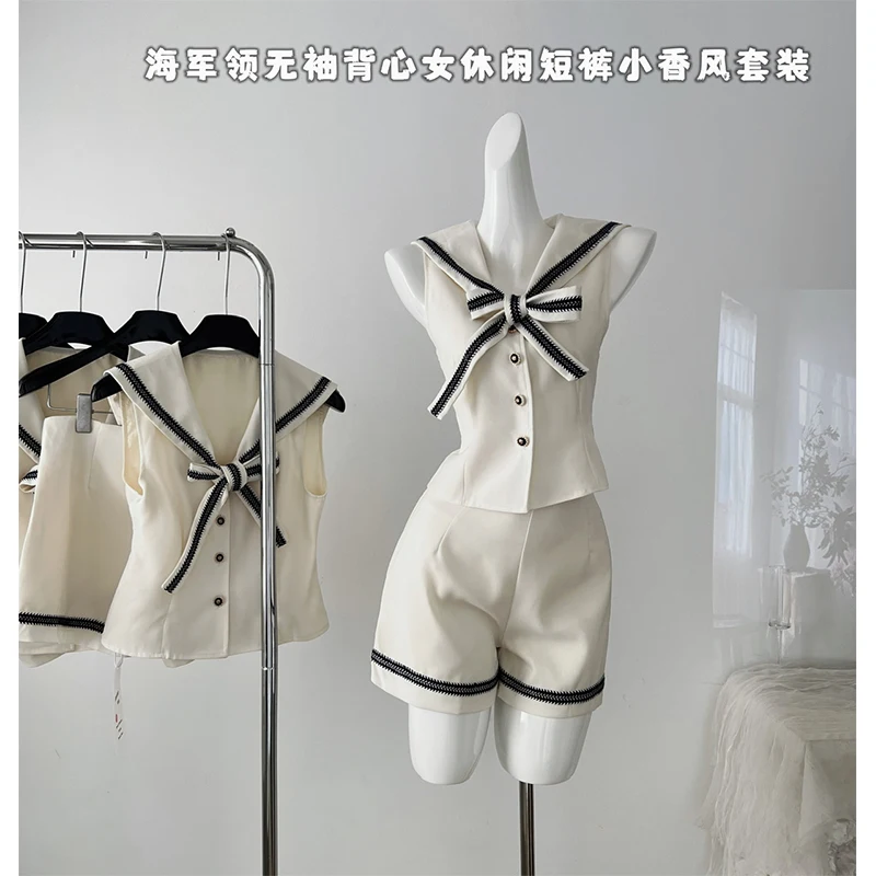 

New White Navy Sailor Collar Mini Dress For Women Preppy Style Sleeveless Vest 2024 Summer Fashion Chic Two Piece Set Clothing