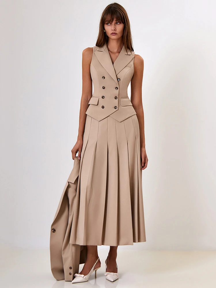 

JULISSA MO Notched Collar Pleated Skirt Suit Women Two Piece Sets Single Breasted Vest High Slit Skirt Autumn Official Skirt Set