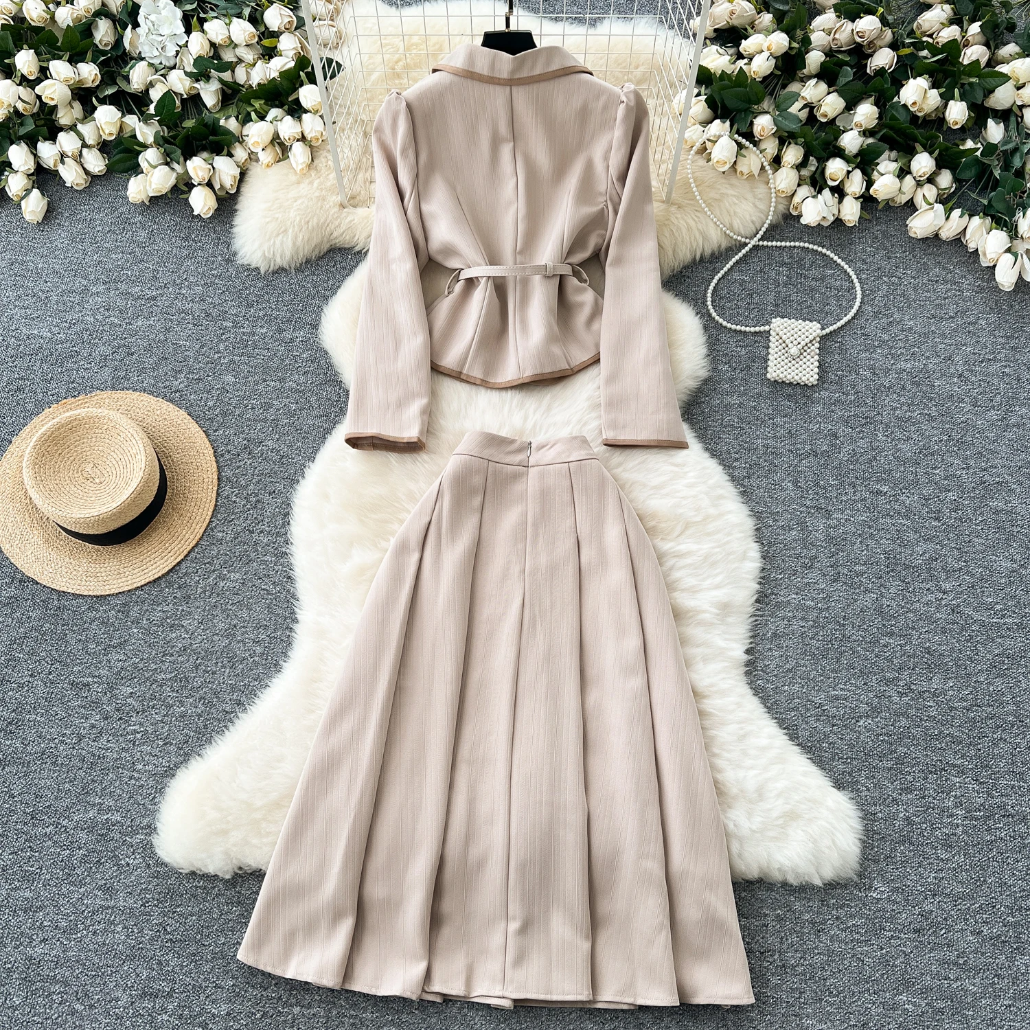 Women Two-Piece Sets Vintage Notched Long Sleeve Buttons Sashes Top High Waist Skirt Korean High Street Autumn Winter Clothing