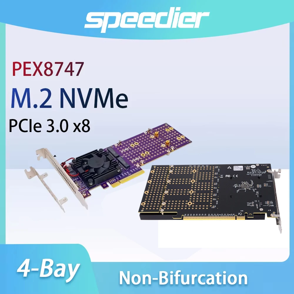 PCIe 3.0 X8 4‑Bay M.2 NVMe Expansion Card PEX8747 PLX8747 Non‑Bifurcation Silent Fan  FnOS NAS 2242/2280/22110 SSD Adapter
