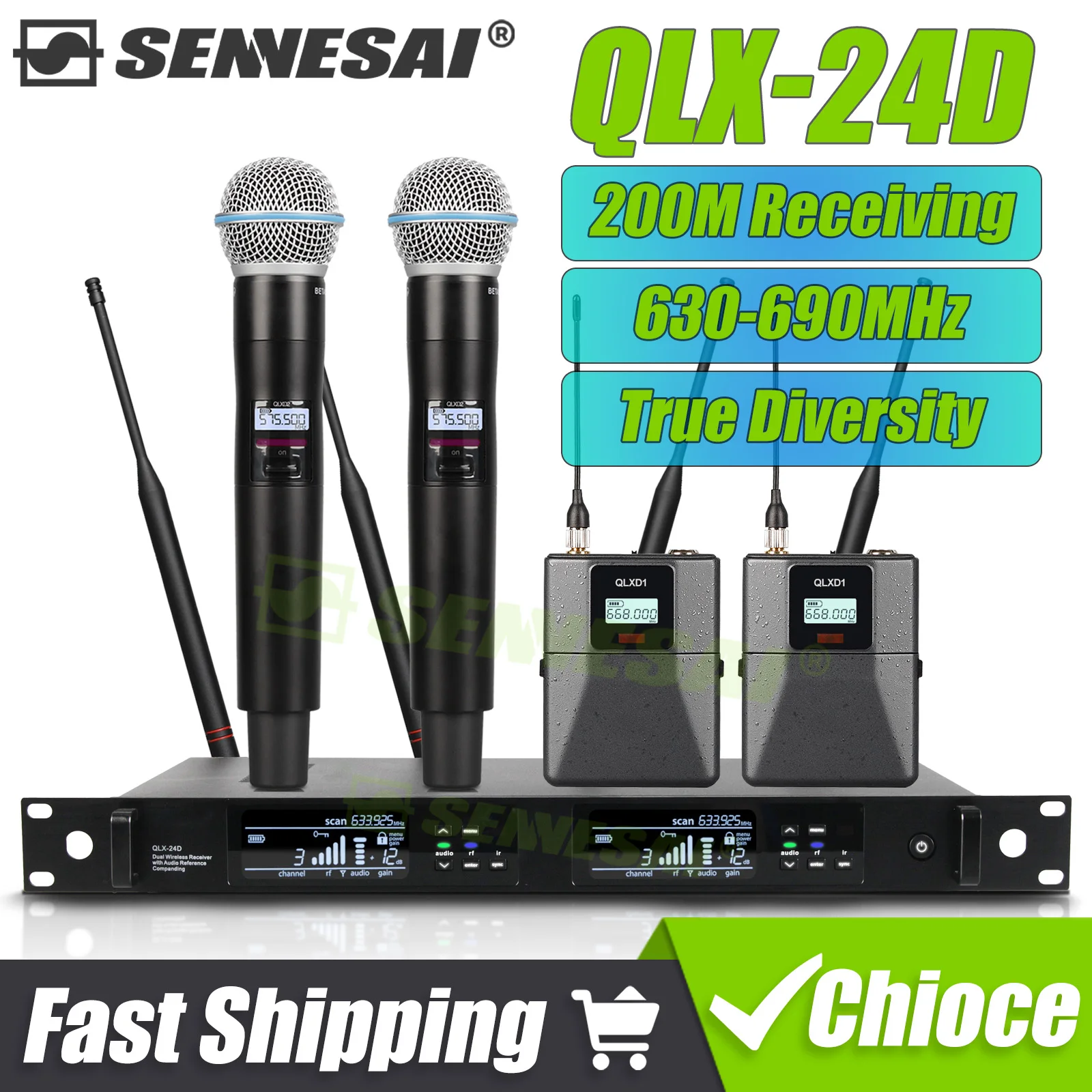 Top Quality！QLX-24D Professional Dual Wireless Microphne True Diversity 200M Stage Show 2 Channels Karaoke Metal QLXD2 Handheld