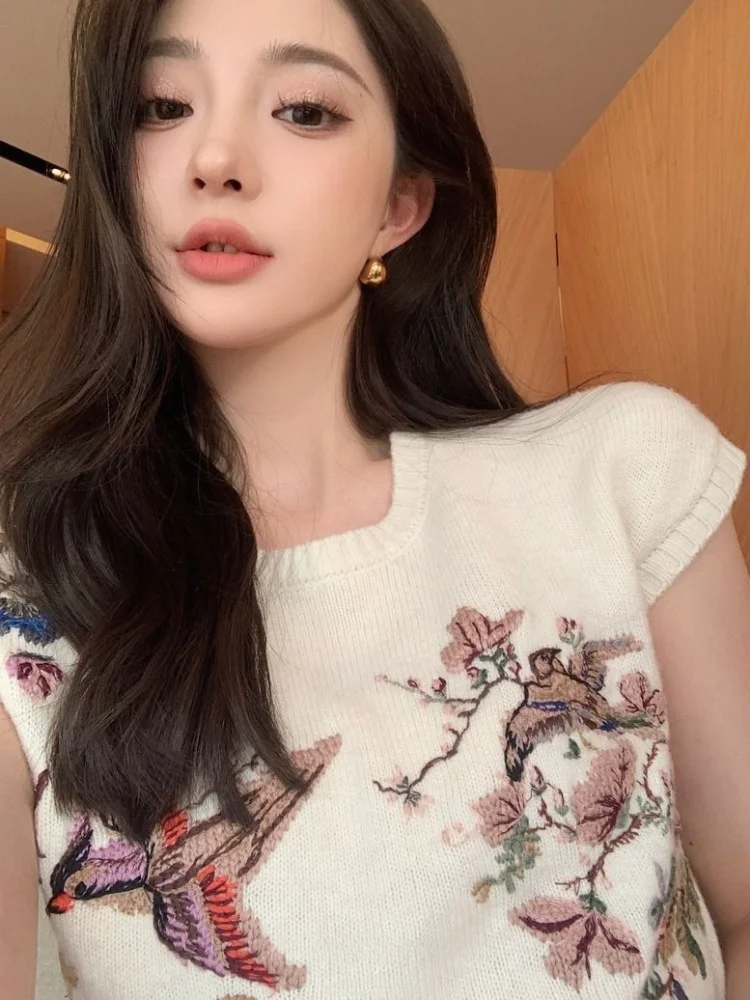 Summer Pullovers Women Chinese Style Embroidery Chic Cozy Literary Designed Leisure Gentle Lady College Short-sleeve Knitwear