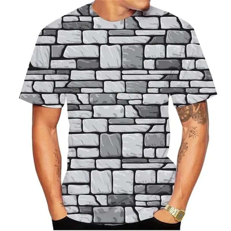 تي شيرت رجالي ثلاثي الأبعاد بجدران الطوب ، قمم بأكمام قصيرة ، شخصية غير رسمية ، تيشيرتات رسومات أصلية مطبوعة ، موضة صيفية ، اتجاه جديد