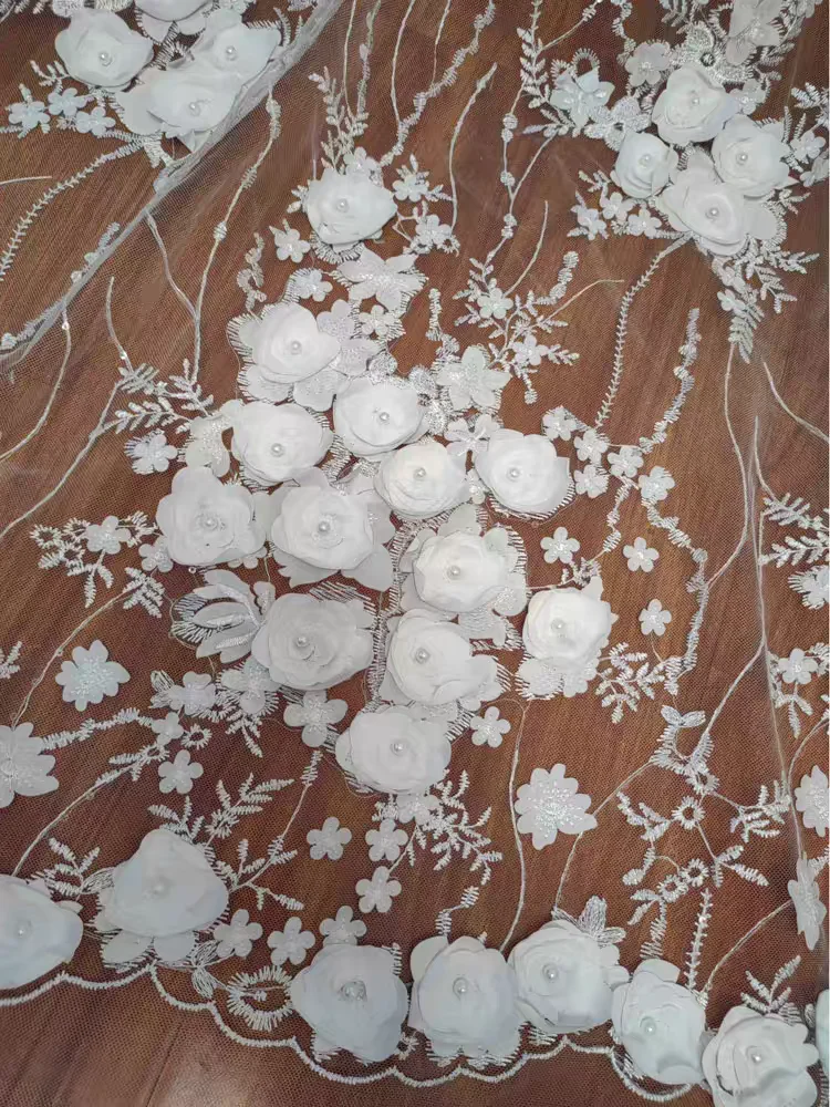 Delicate 3D Ivory Flowers Lace With Pearls  Embroidered Leaf Fabric Bridal Dress Beautiful Lace Fabric