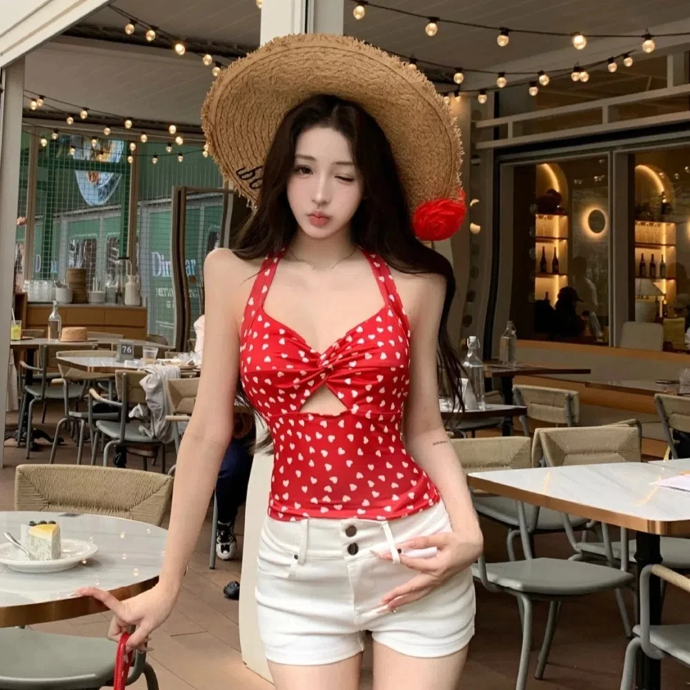 Comfortable Dot Sleeveless Crop Top Love Heart Korean Style Halter Vest Top Chic Lace Up Women Camisole Hot Girl