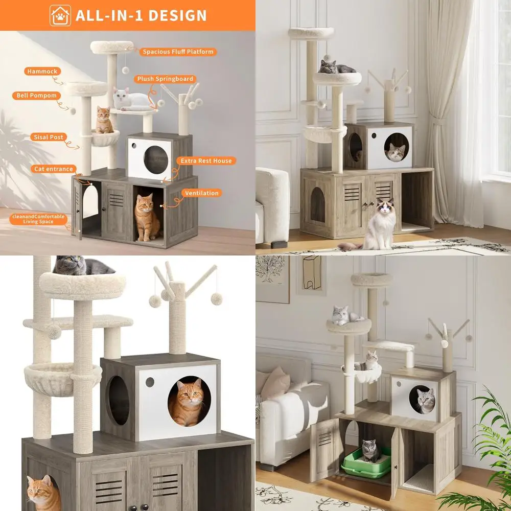 

All-in-One 55 Wooden Cat Tower with Litter Box Enclosure, Scratching Posts, Hammock, and Detachable Teaser Sticks