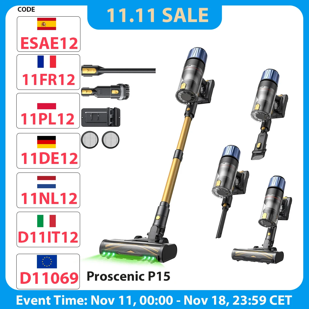 Proscenic P15 Handheld Cordless Stick Vacuum Cleaner, 50kPa 580W Powerful Suction Anti-Tangle Brush 6 Layers Filter, Green Light