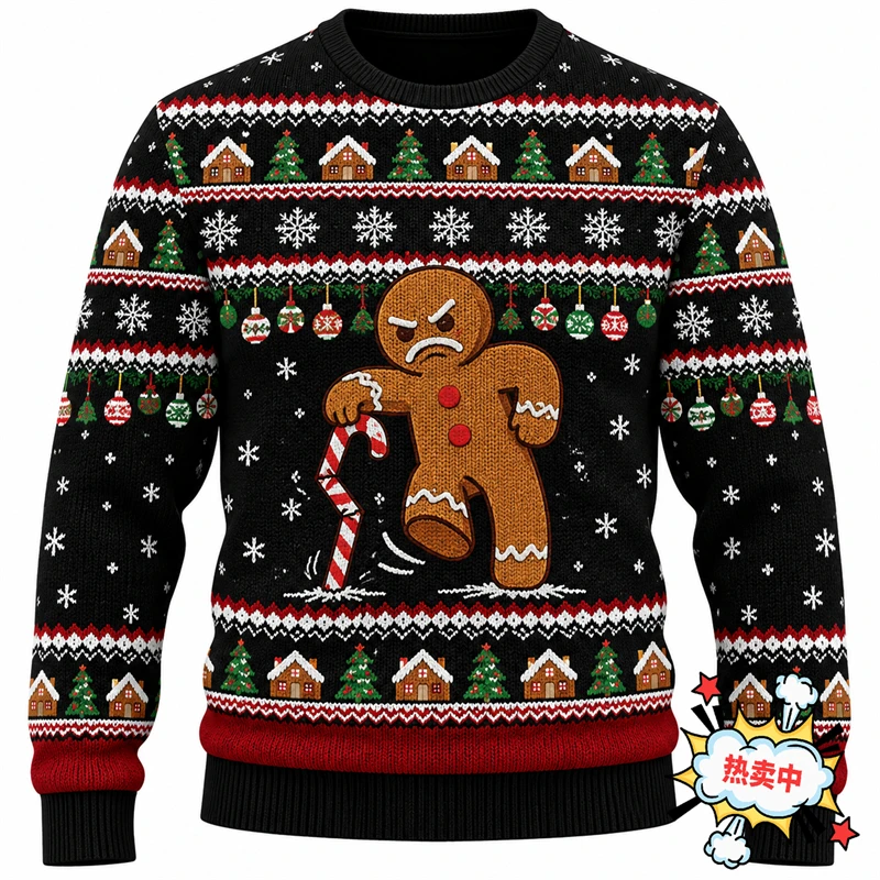 Funny Gingerbread Man Graphic Men Ugly Christmas Sweatshirt 3D Print Cookie Long Sleeve Sweater Winter Xmas Pullover Gift Unisex