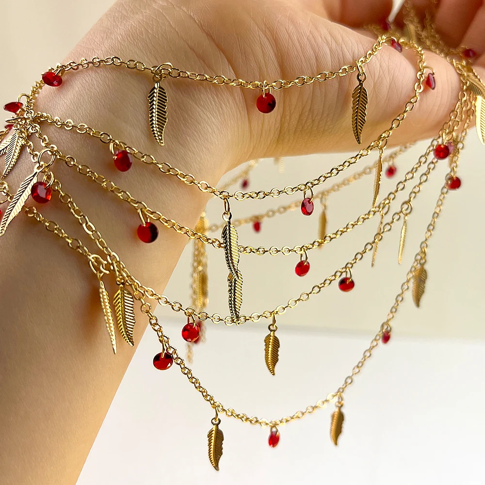 0.5Meter 1Meter Red Crystal Beaded Chain Leave Cross Charm Link Copper Chains DIY Necklace Bracelet Costume Jewelry Making