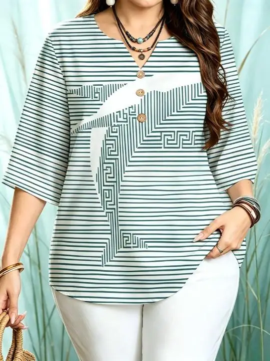 Plus Size Women Striped Geometric Blouse Notch V Neck 3/4 Sleeve Three  Buttons Loose Lightweight Casual Daily Tunic Top