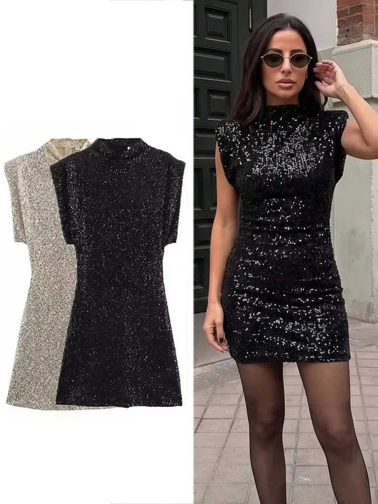 HH Frauen Mode Schwarz Silber Pailletten Ärmelloses Kleid Sexy Dünne Mini Kleider Sommer Elegante Frau Club Party Abendkleid