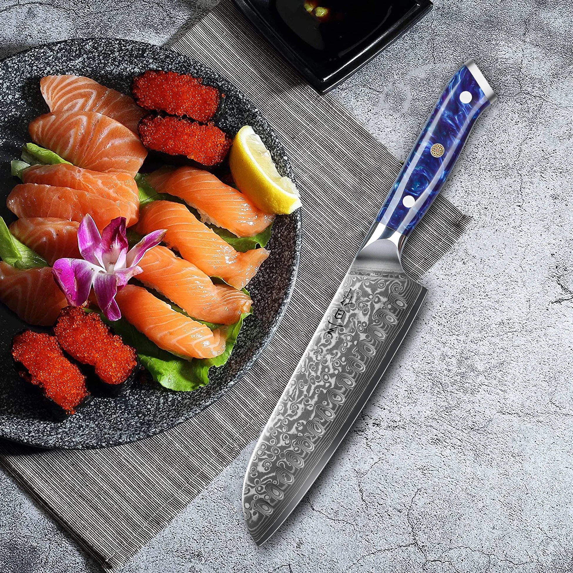 SANMUZUO Santoku Knife - 7 inch - Xuan Series - VG10 Damascus Steel Kitchen Knife - Resin Handle