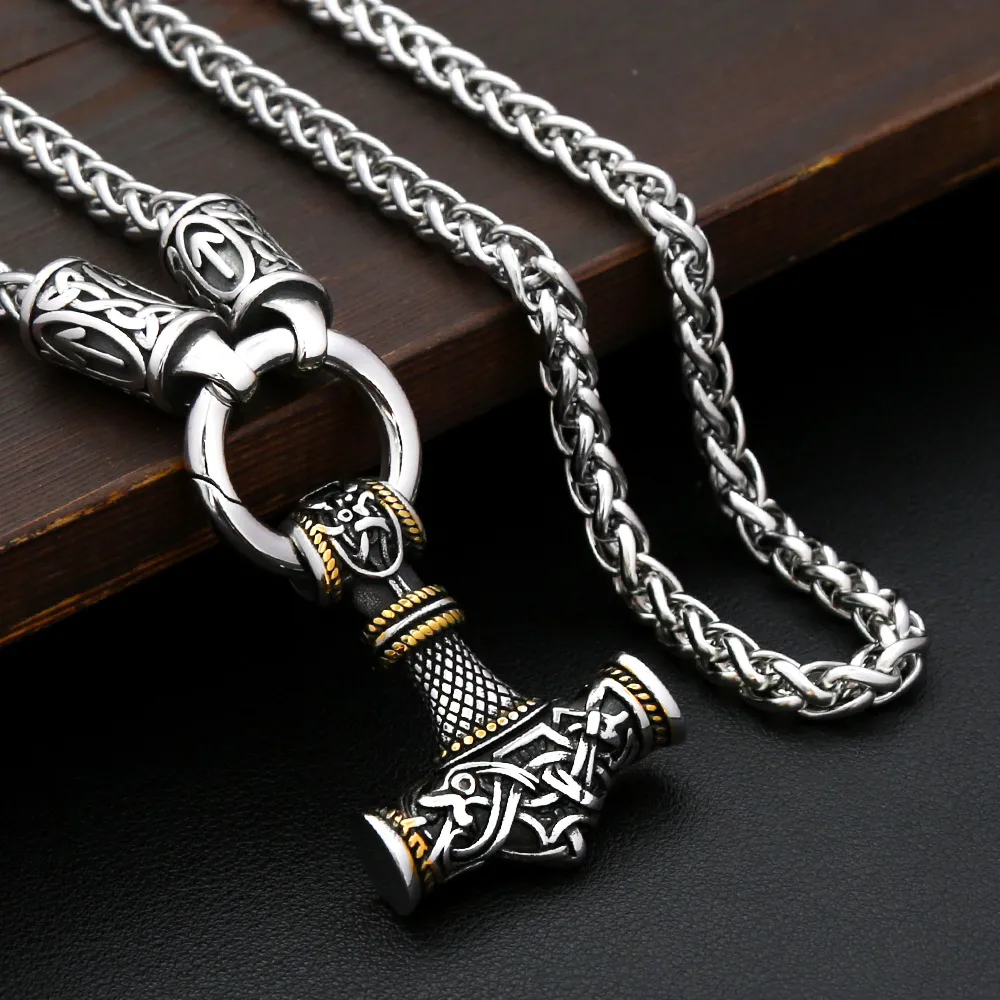 Vintage Mjolnir Thor Hammer Stainless Steel Pendant Viking Rune Necklace For Men Women Nordic Amulet Party Fashion Accessory