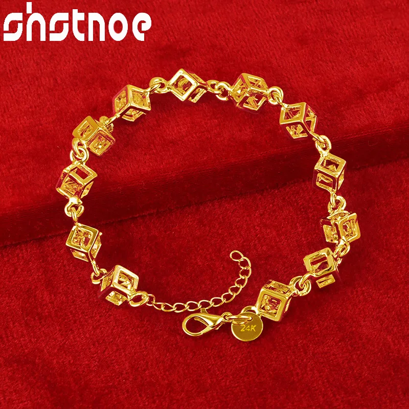 SHSTONE 24K Gold Square Box Zircon Crystal Bracelets For Woman Party Wedding Engagement Christmas Fashion Jewelry Lady Gift