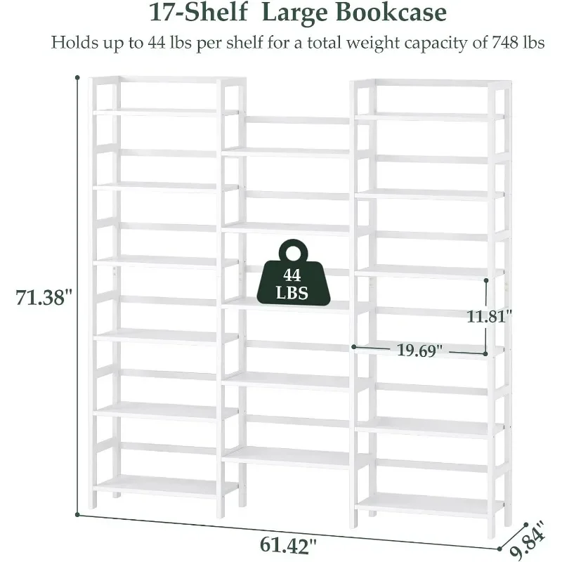 Bamboo Triple Wide 6-Tier Bookshelf and Bookcase, 6ft Tall Bookshelves with 17 Open Display Shelves, Super Large Freestanding